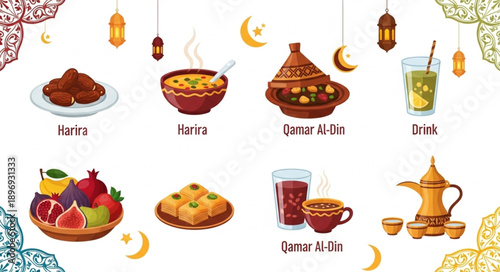 Ramadan food and drink assortment with traditional lanterns and crescent moons.