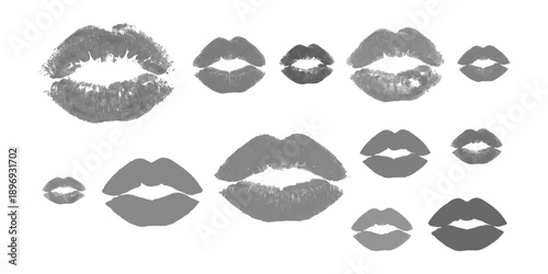 Collection of diverse gray lipstick kiss marks and lip prints arranged on a white background, vector illustration