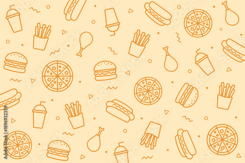 Cheerful seamless outline fast food pattern with burgers, pizza, fries, fried chicken, drink cups, and hotdogs on a festive yellow background. Great for snack packaging, menus and promotional prints.