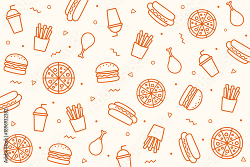 Fun seamless outline pattern featuring fast food icons like burgers, pizza, fries, fried chicken, drink cups, and hotdogs on a festive light background. Perfect for food packaging, and menu designs.
