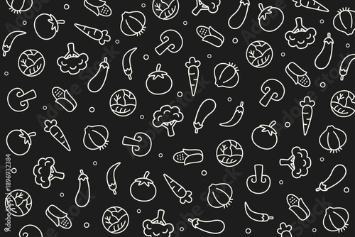Modern outlined vegetable seamless pattern with broccoli, carrot, eggplant, chili, mushroom, lettuce, and assorted produce on a bold black background. Ideal for contemporary food packaging.