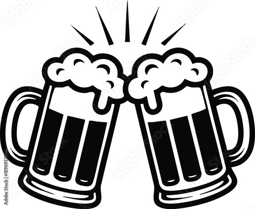 Two Foamy Beer Mugs Clinking in Celebration, vector, illustration, silhouette.