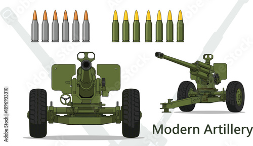 Vector illustration set of modern green artillery field guns featuring front and perspective views with various ammunition shells isolated for military and defense projects