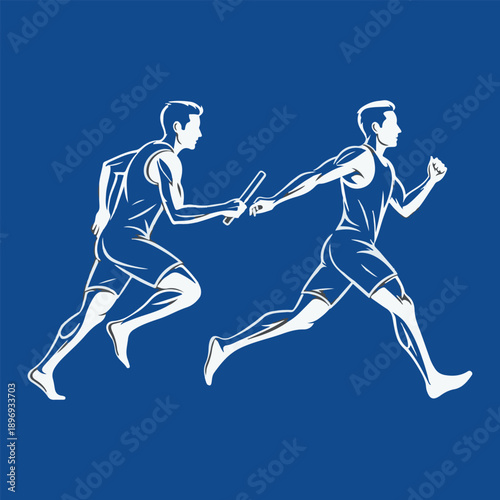 Dynamic illustration of two male athletes executing a seamless baton pass during an intense relay race, showcasing teamwork and speed