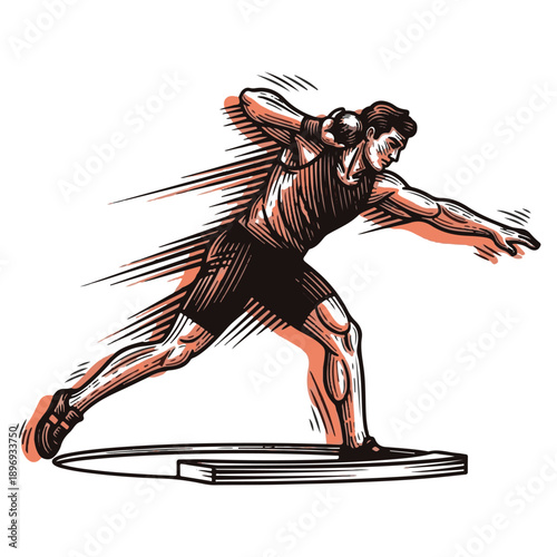 Dynamic graphic illustration capturing a male athlete's intense power and motion during a competitive shot put throw, depicted with a vintage artistic style