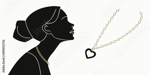 Woman wearing elegant necklace with heart-shaped pendant in minimalist illustration