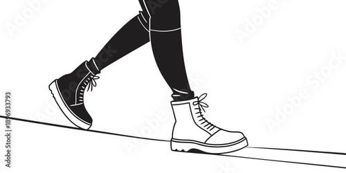 A person walking on a tightrope with boots, showing balance and focus, viewed from the side.