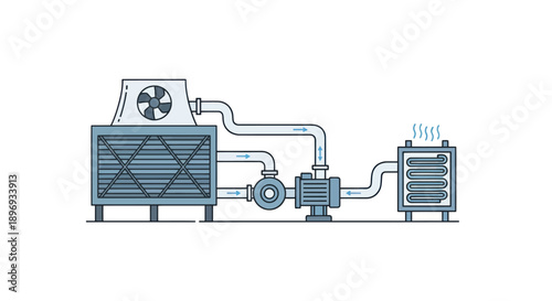 Industrial Cooling System with Fan Pump and Radiator Illustration.