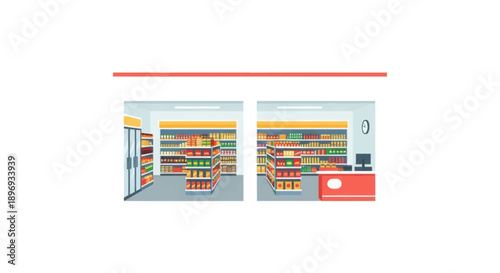 Cartoon Convenience Store Interior with Stocked Shelves and Checkout Counter.