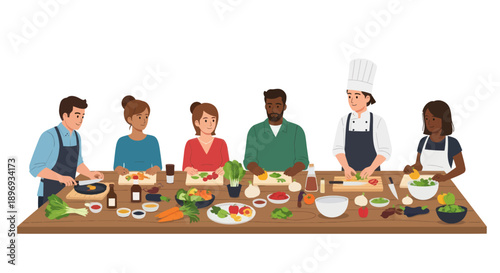 Diverse Group Participating in a Cooking Class Preparing Food Together at a Table.