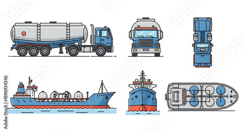 Tanker Truck and Ship Illustrations Showing Different Views.