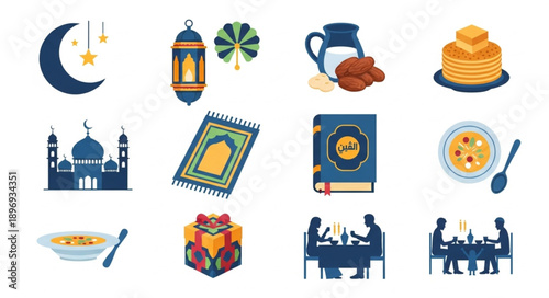 Ramadan Islamic Symbols and Food Icons Collection.
