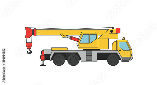 Yellow Mobile Crane with Red Hook and Outriggers.
