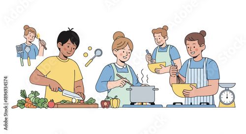 People cooking together preparing food chopping vegetables mixing ingredients and enjoying culinary activities.