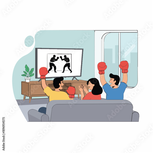 Family or friends sitting on a sofa at home, wearing boxing gloves and cheering while watching a boxing match on television.