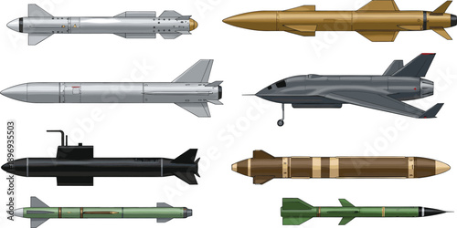 Vector illustration set featuring various modern military weapons including multiple types of guided missiles a stealth jet fighter and a black tactical attack submarine