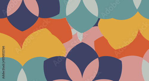 Vibrant multicolored floral pattern with overlapping shapes.