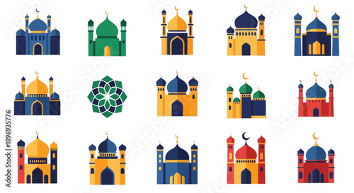 Collection of colorful mosque icons in various styles and designs.