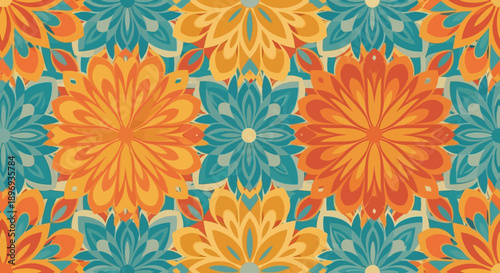 Vibrant floral pattern with orange and teal flowers.