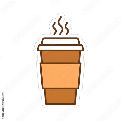 Disposable paper coffee cup sticker with steam and sleeve, hot takeaway beverage icon, flat vector illustration