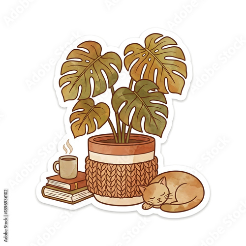 Watercolor cozy home sticker with Monstera plant, sleeping cat, books, and coffee cup, hygge illustration