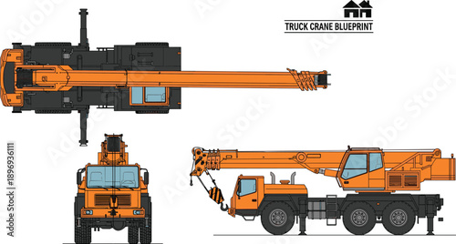 Technical vector illustration set of an orange mobile truck crane featuring top front and side view profiles for construction blueprint and engineering project planning