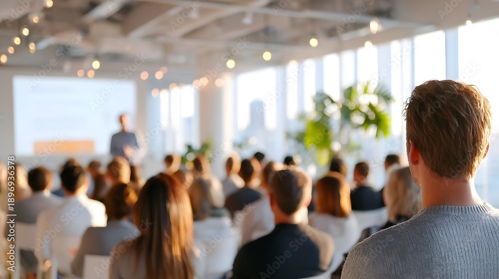 Fototapeta premium In a sunlit contemporary conference room with large and indoor plants a seated audience engages with a presentation displayed on a projector screen