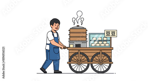 Street vendor pushing a traditional food cart with steaming food.