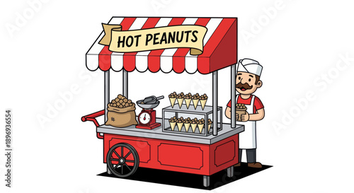 Classic red and white striped hot peanuts street cart with a cheerful vendor.