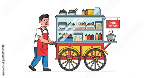 Illustration of a Street Food Vendor with Cart and Display.