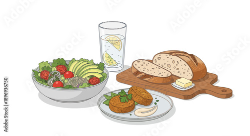 Healthy Lunch: Salad Water Bread and Appetizers on a White Background.