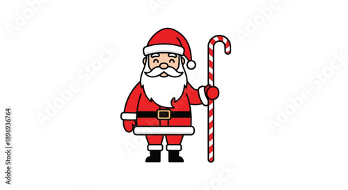 Cartoon Santa Claus with Candy Cane Red Suit and White Beard.