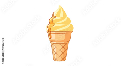 Delicious yellow soft-serve ice cream in a waffle cone with syrup.