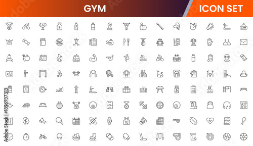 Gym icons depicting fitness, exercise, workout equipment, dumbbells, treadmills, yoga, strength training, health, wellness, cardio, personal training, motivation, stretching