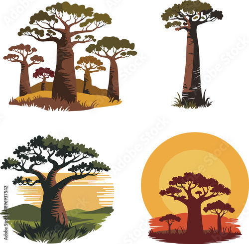 Baobab tree illustration set African landscape vector nature design isolated white background sunset savanna botanical art collection