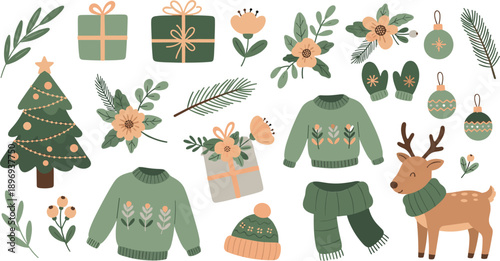 Collection of hand drawn Christmas winter elements with cute reindeer pine tree sweaters gifts and botanical ornaments in cozy boho style isolated