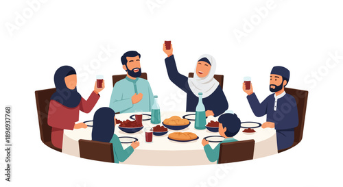 Illustration of a diverse group of adults in traditional attire raising glasses in a toast at a dinner table with a warm and celebratory mood.