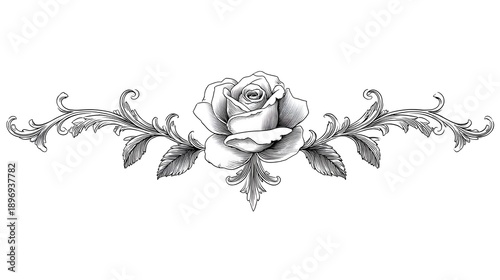 Detailed black and white drawing featuring a central rose bloom with delicate petals flanked by symmetrical finely drawn ornamental scroll flourishes and leaves evoking a timeless