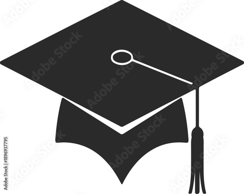 A black graduation cap with a tassel vector icon symbolizes academic success and achievement for a university student celebrating their college graduation ceremony and degree
