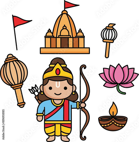 Illustration of a mythological figure with bow and arrow standing near a temple with cultural symbols