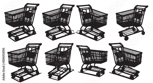 Eight black shopping carts with wheels, varying in position, vector illustration, for ecommerce or retail mockup