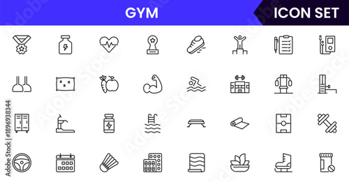 Gym icons depicting fitness, exercise, workout equipment, dumbbells, treadmills, yoga, strength training, health, wellness, cardio, personal training, motivation, stretching
