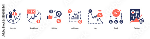 Stock Operations web banner icon vector illustration featuring Investor, Stock Price, Bidding, Arbitrage, Loss, Stock, and Trading.