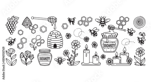 Beehive and honey illustration set, vector icons for honeycomb, bees, flowers, and apian products, for branding or packaging design