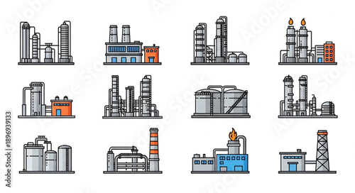 Set of Industrial Factory Buildings and Plants Icons.