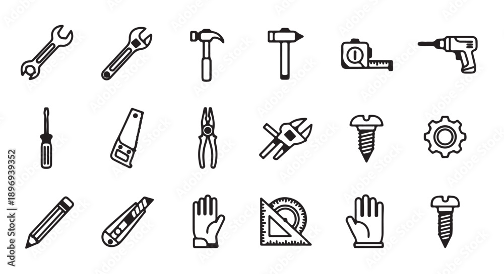 Obraz premium Vector line icons of 20 various hand tools and construction equipment, including wrench, hammer, drill, screwdriver, pencil, and hand gestures, for website, app, UI, or branding