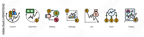 Stock Operations web banner icon vector illustration featuring Investor, Stock Price, Bidding, Arbitrage, Loss, Stock, and Trading.