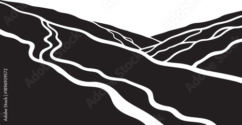 Minimalist black and white abstract mountain landscape illustration design