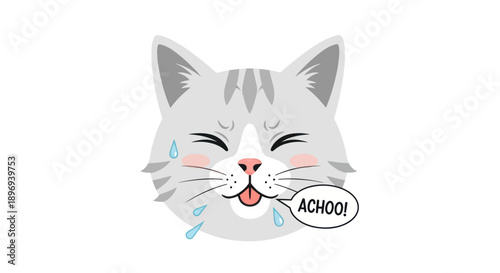 Adorable cartoon cat with closed eyes and tongue out sneezing with tears.