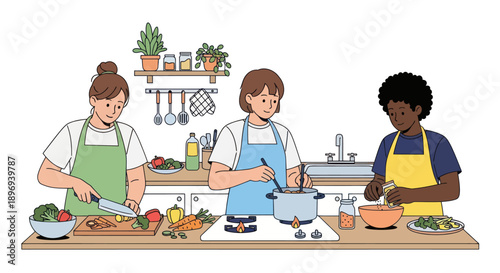 Three People Cooking Together in a Kitchen Preparing Food.